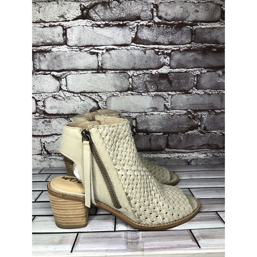 Sam Edelman Cooper Beige Leather Woven Block Heel Booties Women’s Sz 8M US/38EU